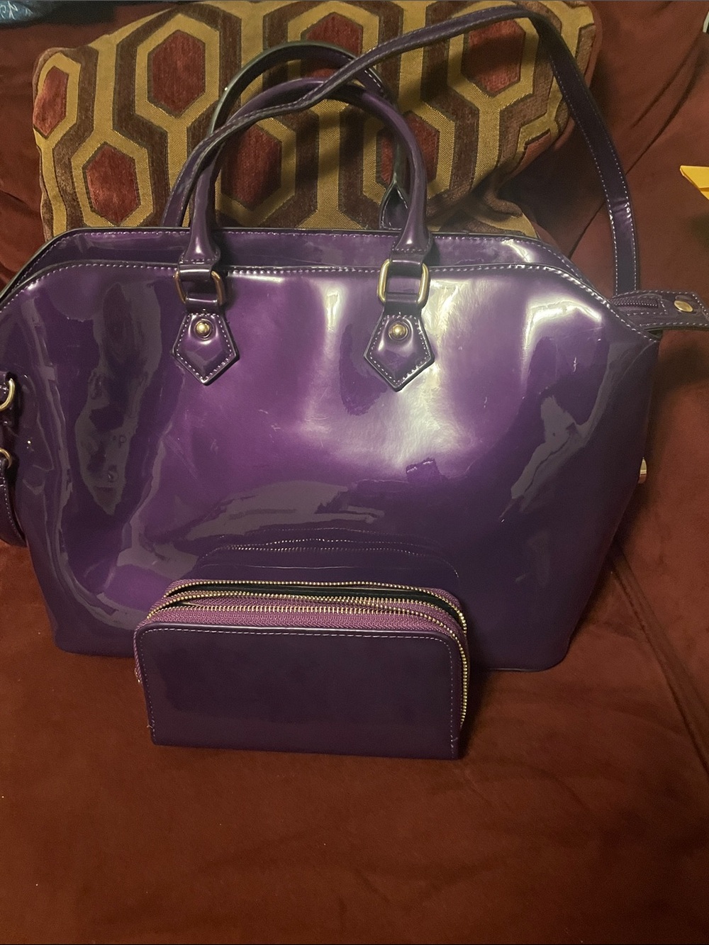 Purple Patent Tote Bag with Matching Wallet